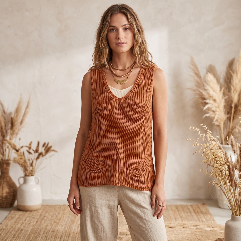 NWT Loft Tank Sweater Rust Orange V Neck Cottage Office Earthy Western Grunge L‎